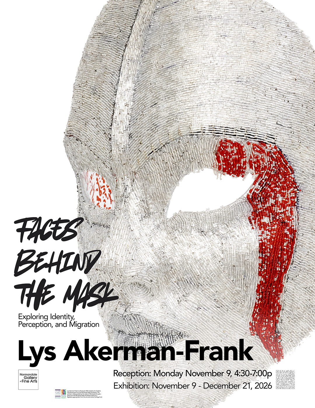Photo of Lys Akerman-Frank’s handmade large scale mask made of brilliant silver and read beads with hints of red-painted Persian text