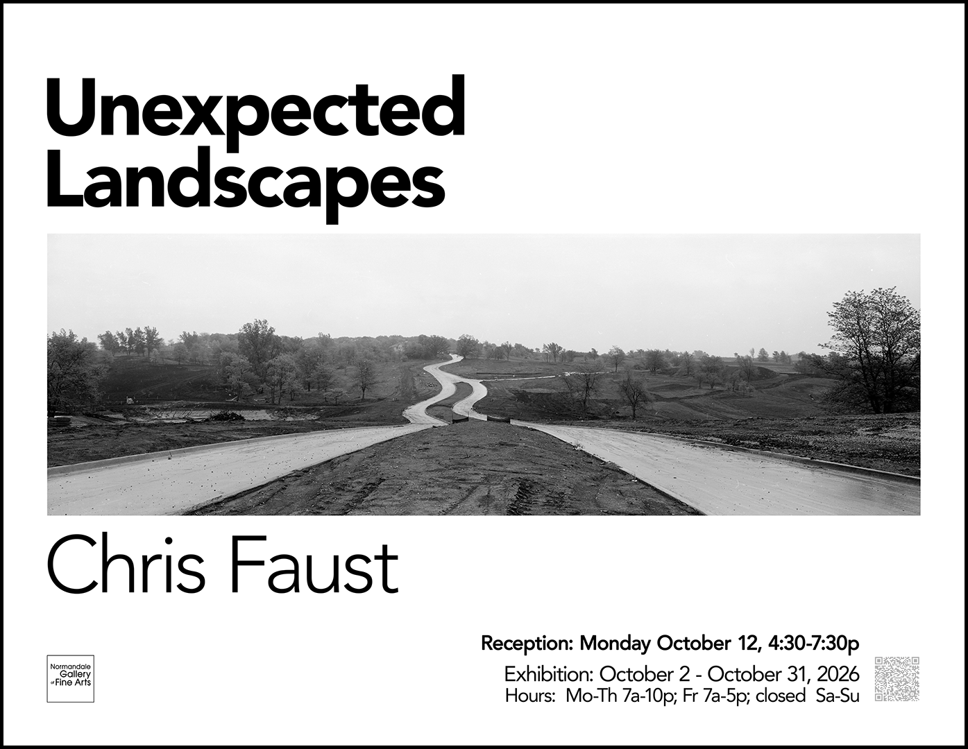 Chris Faust’s black and white film photograph of fresh straight and curved roads in a new excavation site of suburban development with trees in the distance