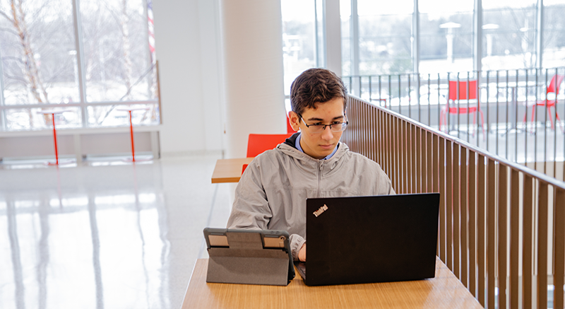 A Normandale student studies online.