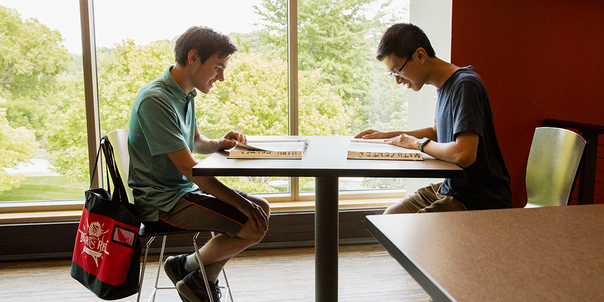 Two Normandale students studying with green trees out the window.