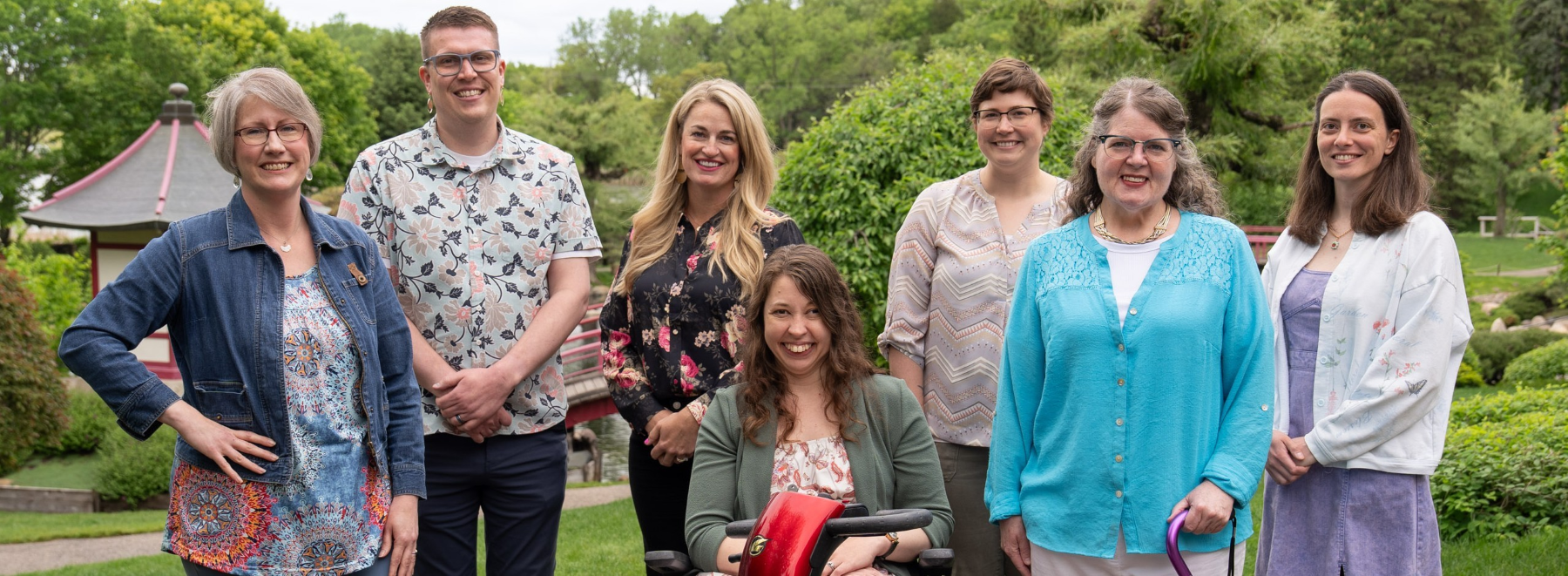 The OSD Staff outside in the Japanese Garden. Staff members listed left to right: Geri Wilson, Chris Luhmann, Patty Wallsch, Kayla Allen, Kendra Weinrich, Shelly Oliver and Lauren Clark