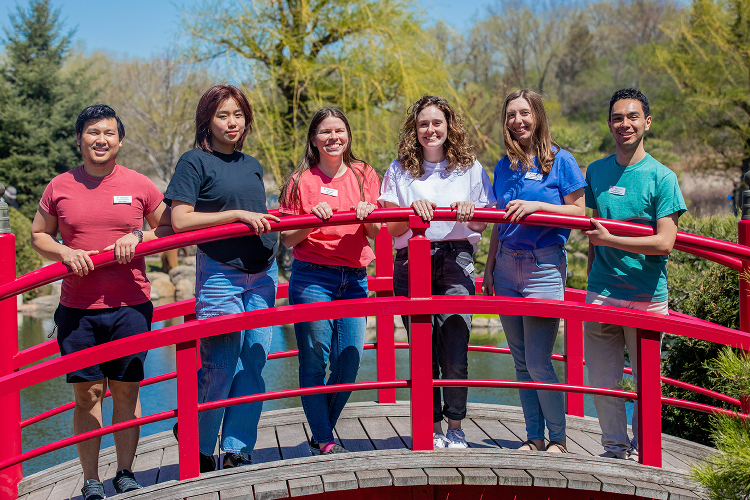 Students on red bridge