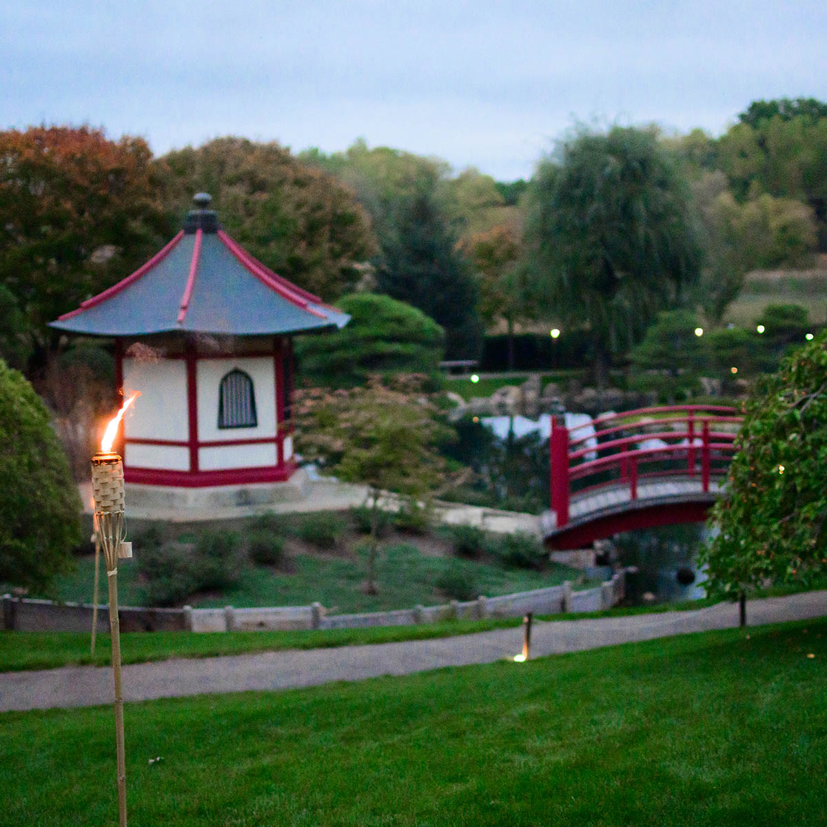 A torch burning in the Japanese Garden.