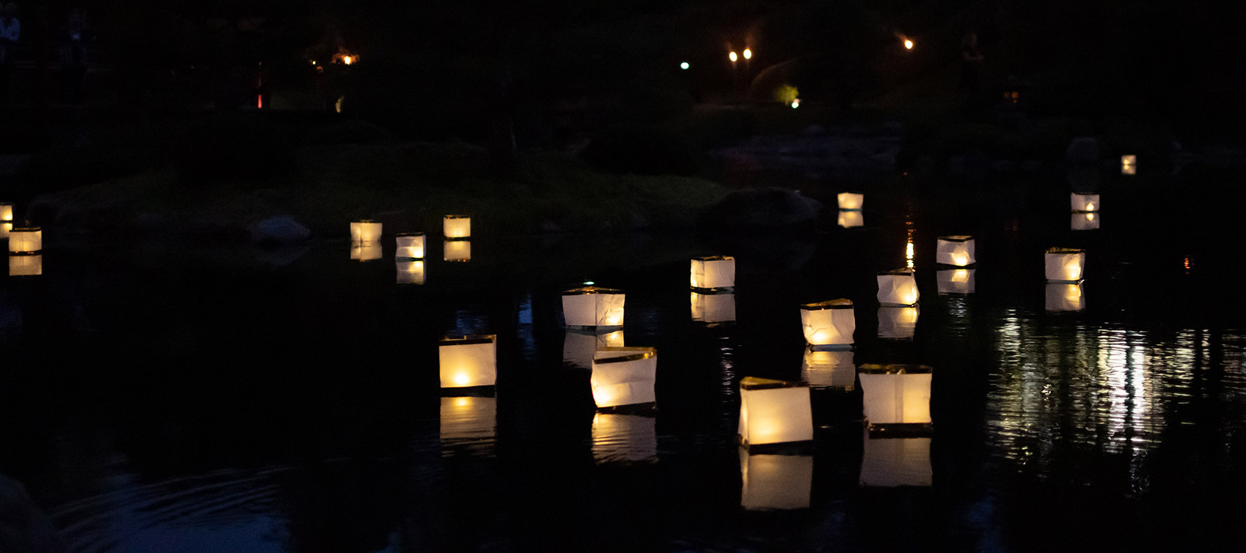 Memorial lanterns lit on the waters of the Japanese Garden.